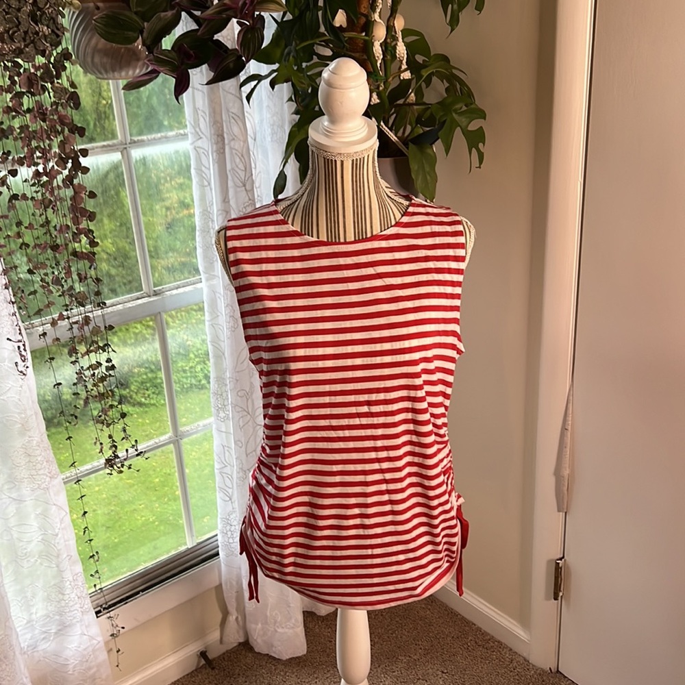 Loft Red White Striped Tank Ruched Sides - Size XL